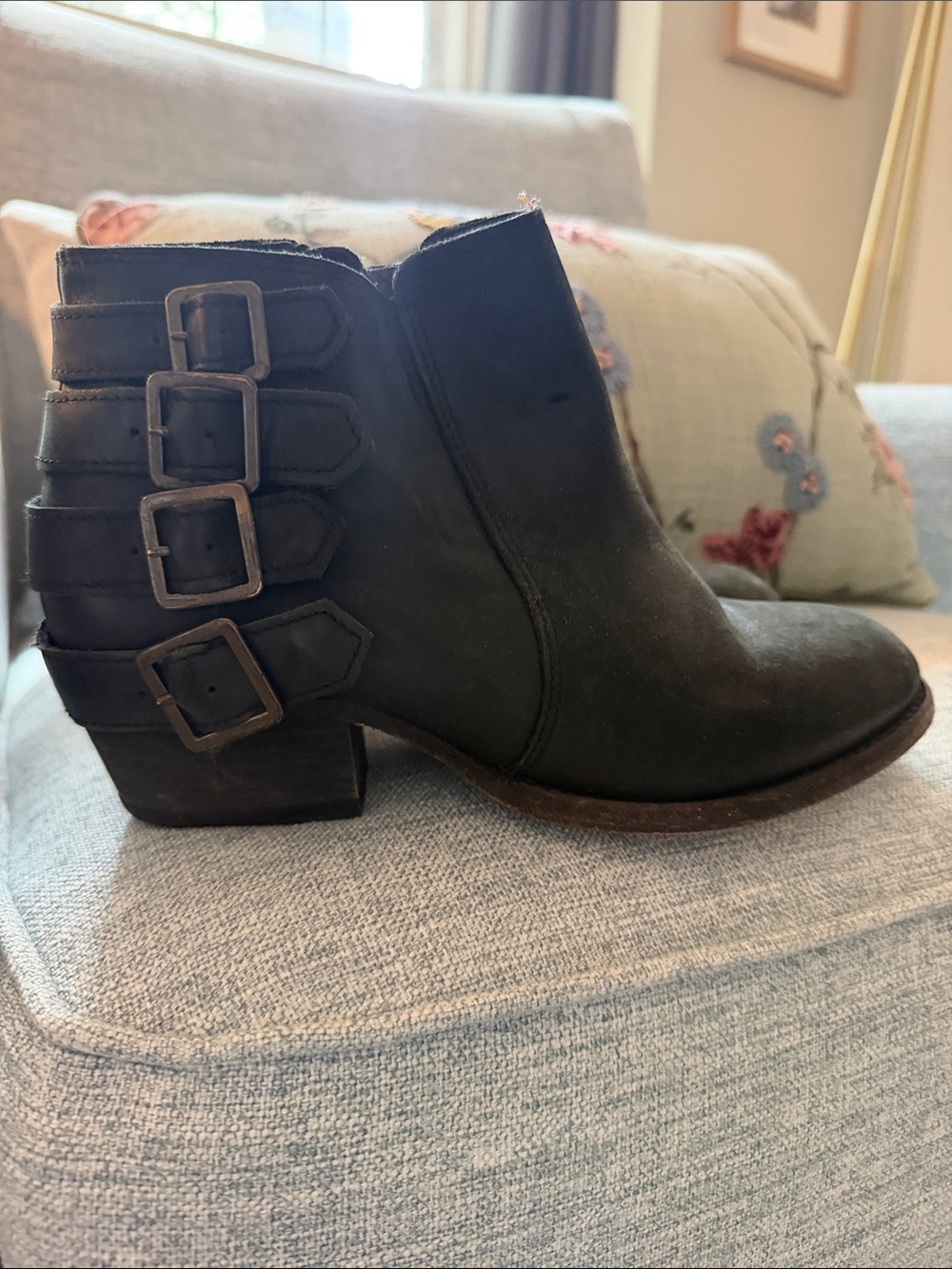 H By Hudson Black Leather Buckle Ankle Boots